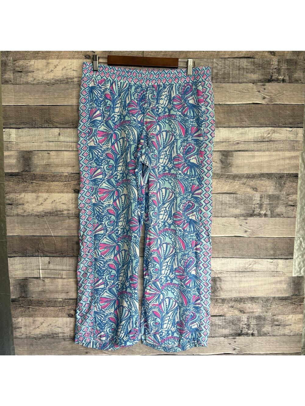 Lilly Pulitzer Wide Leg Pants M Blue Pink Palazzo Stretch Preppy Beach Resort